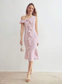 MOTF PREMIUM Women's Summer Solid Color Asymmetrical Collar Patchwork Ruffle Hem Fish Tail Long Dress - Pink - View 4