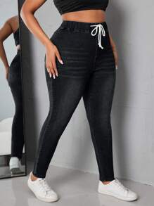 SHEIN SXY Rozmiar Plus Sznurek w talii Szczupły Dżinsy , - Czarne - Zobacz 6