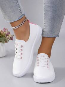 春秋新款休闲平底系带透气运动鞋女款，女式运动鞋 - 白色 - 查看 3