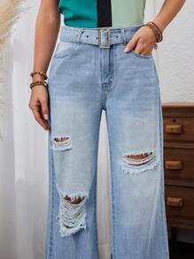 SHEIN LUNE Pantalones Vaqueros De Pierna Recta Desgastados - Lavado ligero - Ver 6