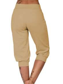 INAWLY Pantalones Capri De Cintura Alta Y Cordón Sólido Para Mujer - Marrón - Ver 2
