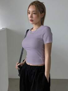 DAZY T-shirt Moulant En Tricot Côtelé Uni Pour Femme - Parme - Voir 3