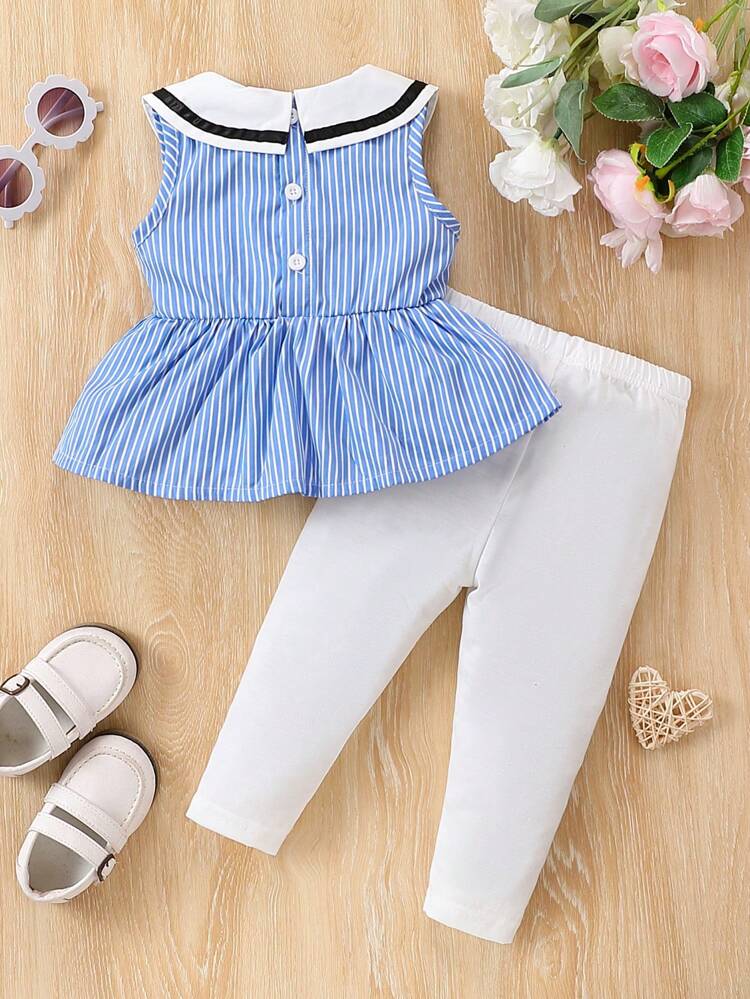 2pcs Baby Girls' Lovely Striped Sleeveless Top With Bowknot And Solid Color Pants Set With Ruffle Hem For Summer