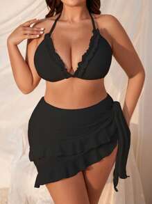 Swim Mod Summer Beach Plus Size Solid Color Frill Trim Halter Neck Bra & Bikini Set Bottom & Cover Up Skirt Bikini Set 3pcs - Black - View 7