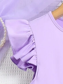 SHEIN Vestido de malla con dobladillo de volantes y detalle de bordado floral para niñas en transición - Morado - Ver 5