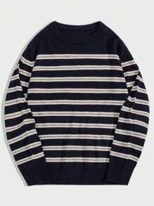 SHEIN Cottnline Men's Body-Fit Three-Color Stripe Soft & Comfortable Light Weight Business Sweater - Navy Blue - View 3