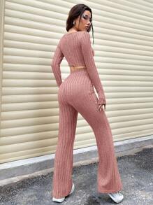 SHEIN Unity Women's Plain Split Hem Ribbed Long Sleeve T-Shirt And Flared Pants Two Pieces Set - Rusty Rose - View 2