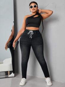 SHEIN SXY Rozmiar Plus Sznurek w talii Szczupły Dżinsy , - Czarne - Zobacz 3