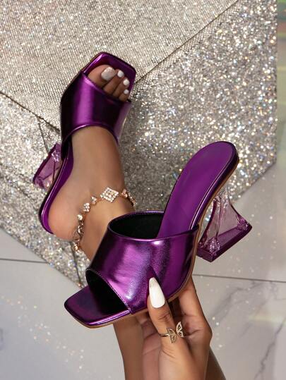 8.5 厘米不对称高跟女式浅口鞋，紫色方头透明粗跟穆勒凉鞋，夏季新款女士鞋，适合日常/沙滩派对