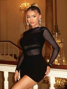 SHEIN BAE Short Black Dress&Sexy Stockings Country Concert Outfit &Country Festival Outfits&Music Festival Outfits&Concert Outfits&Black Long Sleeve&Dinner Outfit   Festival Outfits  Rave Festival Outfits   One Piece Outfit - Black - View 5