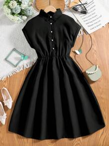 SHEIN Teen Girls' Solid Color Half Placket Button Closure Dress With Cinching Waist