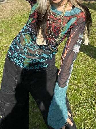 Letter Patchwork Fabric Long Sleeve T-Shirt