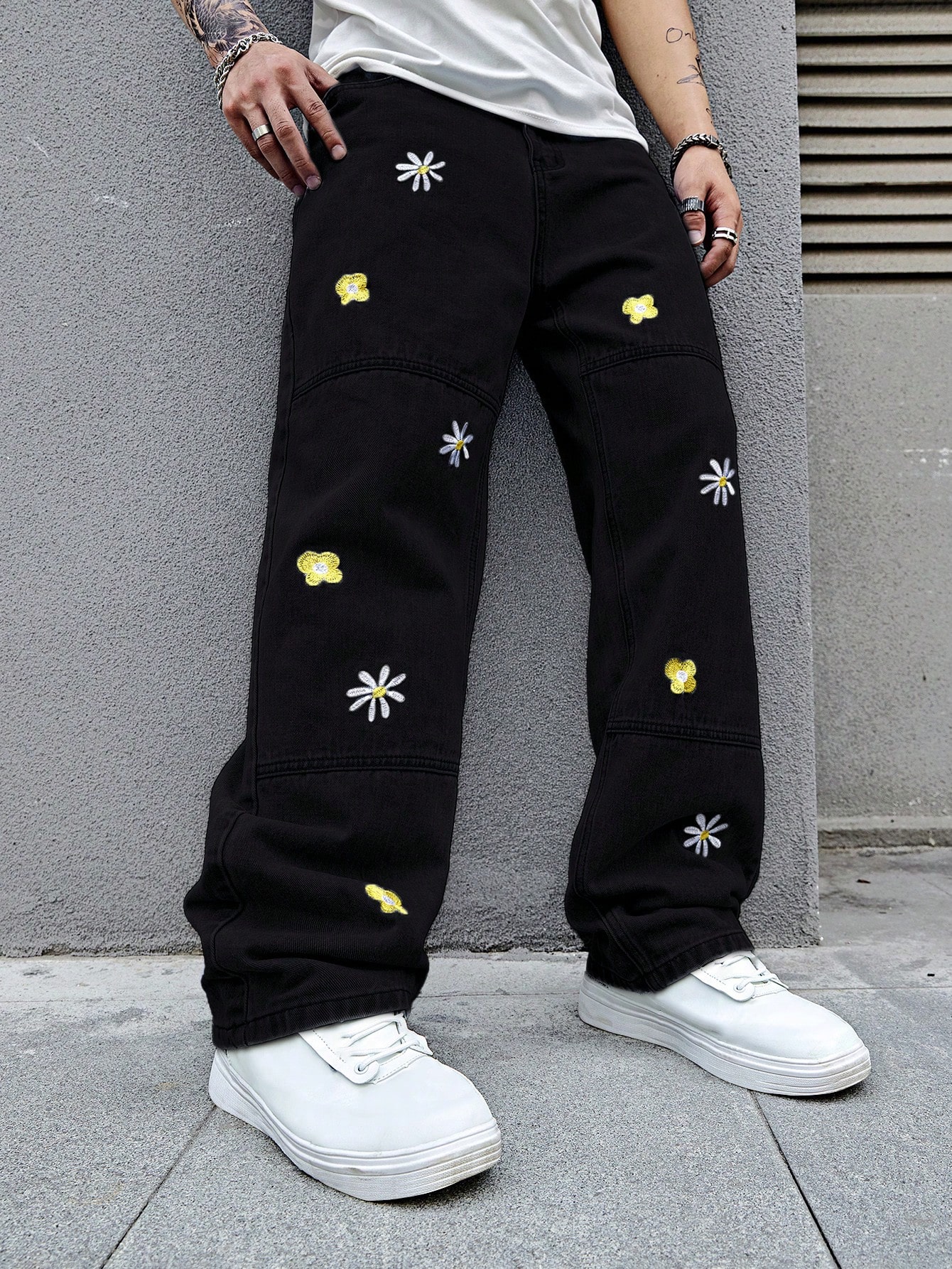 Our Guys Floral Embroidery Straight Leg Jeans is such a vibe - ROMWE