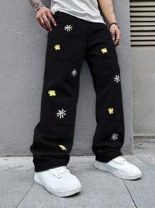 Manfinity EMRG Loose Fit Men's Straight Leg Jeans With Floral Embroidery - Black - View 4