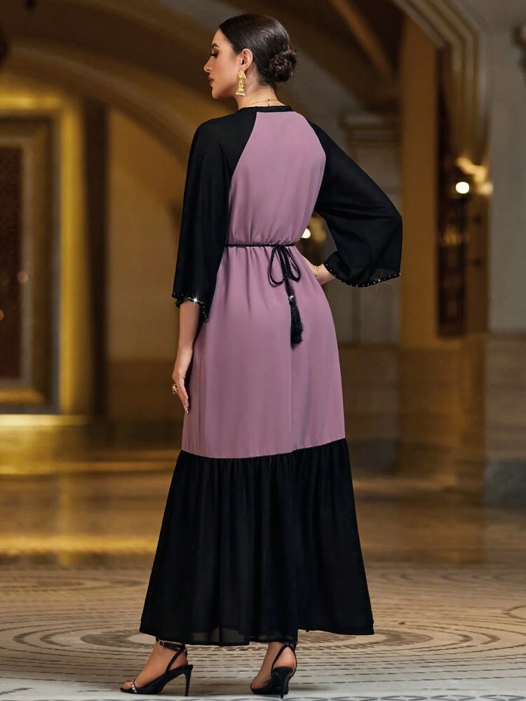 Color Block Heavy Duty Rhinestone Decor Ruffle Hem Dress Kaftan Jalabiya Dress