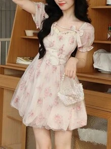 Summer Women Bow Mesh Back To School Dress New Fall Dresses Korean Style Casual Pink Concert Outfits For Women Sweet Puff Sleeve Birthday Party Prom Y2K Short Dress Homecoming School Clothes - Pink - View 3