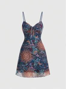 ROMWE Hippie Plus Size Vintage Sun Moon Star Patterned Peasleeve Printed Spaghetti Strap Dress, Summer - Multicolor - View 1