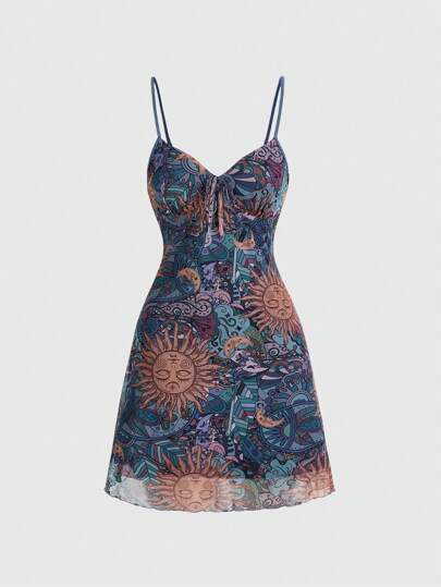 Hippie Robe nouée à bretelles spaghetti imprimée pour femmes