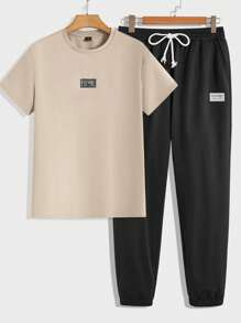 GENTILAND Men's Letter Logo Short Sleeve Knitted T-Shirt And Long Pants Set - Khaki - View 1