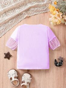 Baby Girl Moon And Stars Print Long Robe, With Mesh Spliced Short Sleeve T-Shirt - Mauve Purple - View 2
