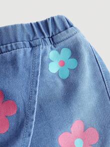 SHEIN Falda pantalón vaquera lavada con estampado floral suave y cómoda para niña joven para primavera/verano