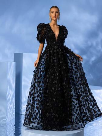 YISIKADO 女士深 V 领泡泡袖 3D 花卉装饰网眼黑色派对礼服，适合舞会优雅正式晚会婚礼宾客礼服，适合毕业典礼、晚宴