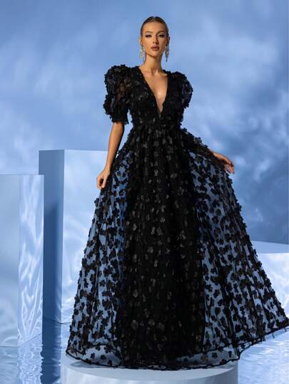 YISIKADO Women's Deep V-Neck Bubble Sleeve 3d Floral Decoration Mesh Black Party Dress For Prom Elegant Formal Evening Wedding Guest Gown, For Graduation, Dinner