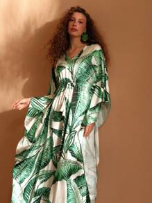 MOTF PREMIUM TROPICAL PRINT BATWING SLEEVE DRAWSTRING WAIST ABAYA - Multicolor - View 4