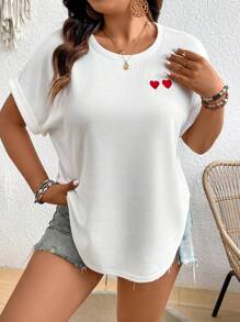 SHEIN Frenchy 加大碼愛心刺繡蝙蝠袖圓領寬鬆格紋網狀布t卹 - 白色 - 查看 3
