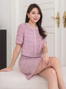 DAZY Ensemble de veste à manches courtes à col rond en fourrure et jupe mini à taille haute avec poches sur les hanches pour femmes, ensemble deux pièces pour femmes