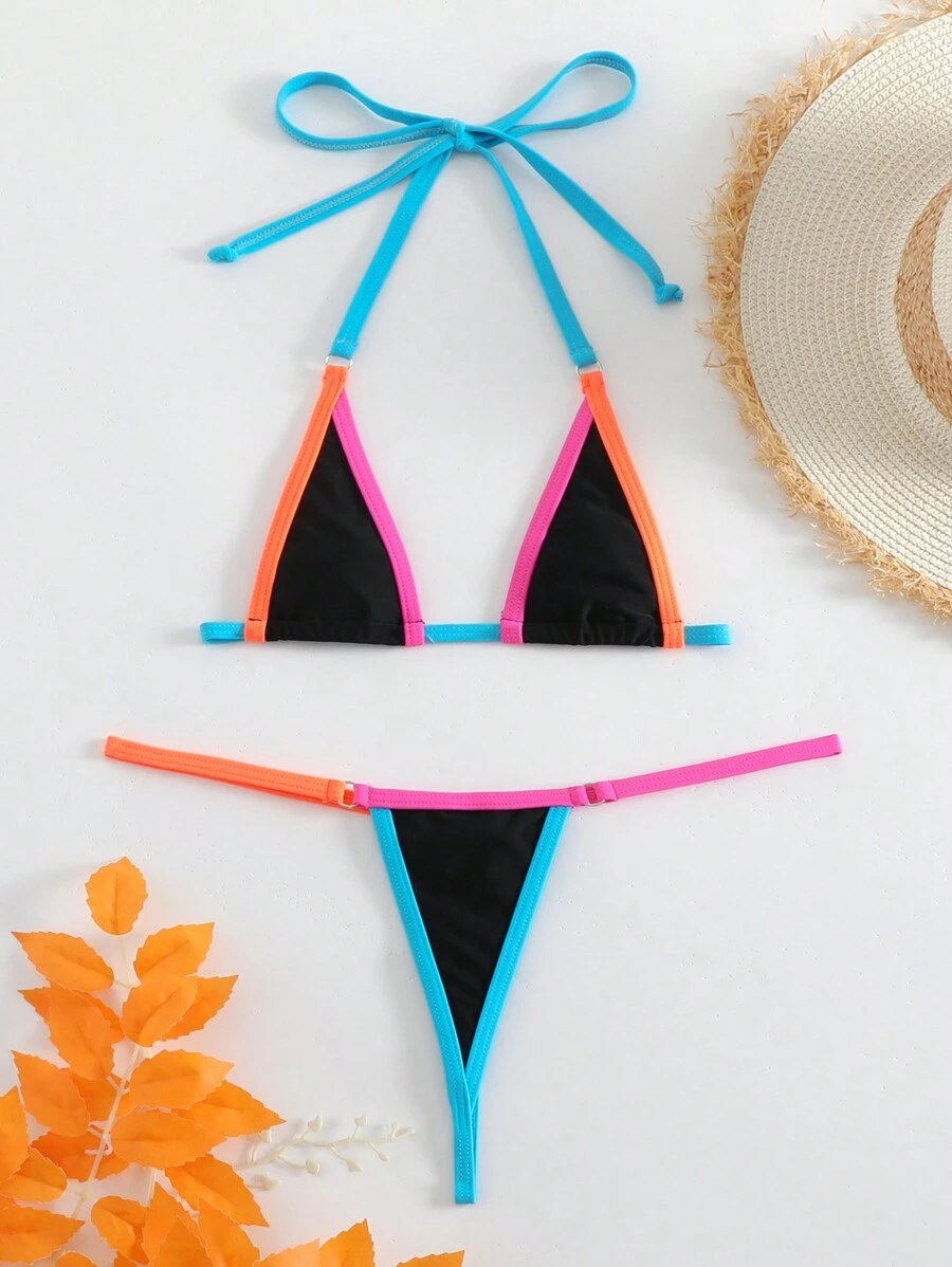 Swim Vcay Summer Beach Women's Color Block Halter Neck Bikini Set, Micro Bikini Set - Multicolor - View 1