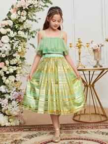 SHEIN Elegantes Und Wunderschönes Goldenes Gemustertes Tank Top Aus Mesh Und Flauschigem Rock Set Für Mädchen Im Tween Alter - Grün - Übersicht 1