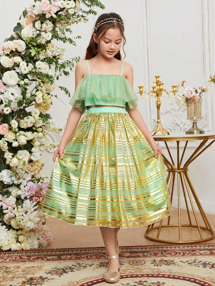SHEIN Elegantes Und Wunderschönes Goldenes Gemustertes Tank Top Aus Mesh Und Flauschigem Rock Set Für Mädchen Im Tween Alter - Grün - Übersicht 1