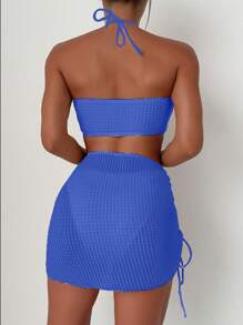 SHEIN Swim Conjunto de bikini de textura en unicolor con cuello halter y traje de baño separado, para el verano en la playa