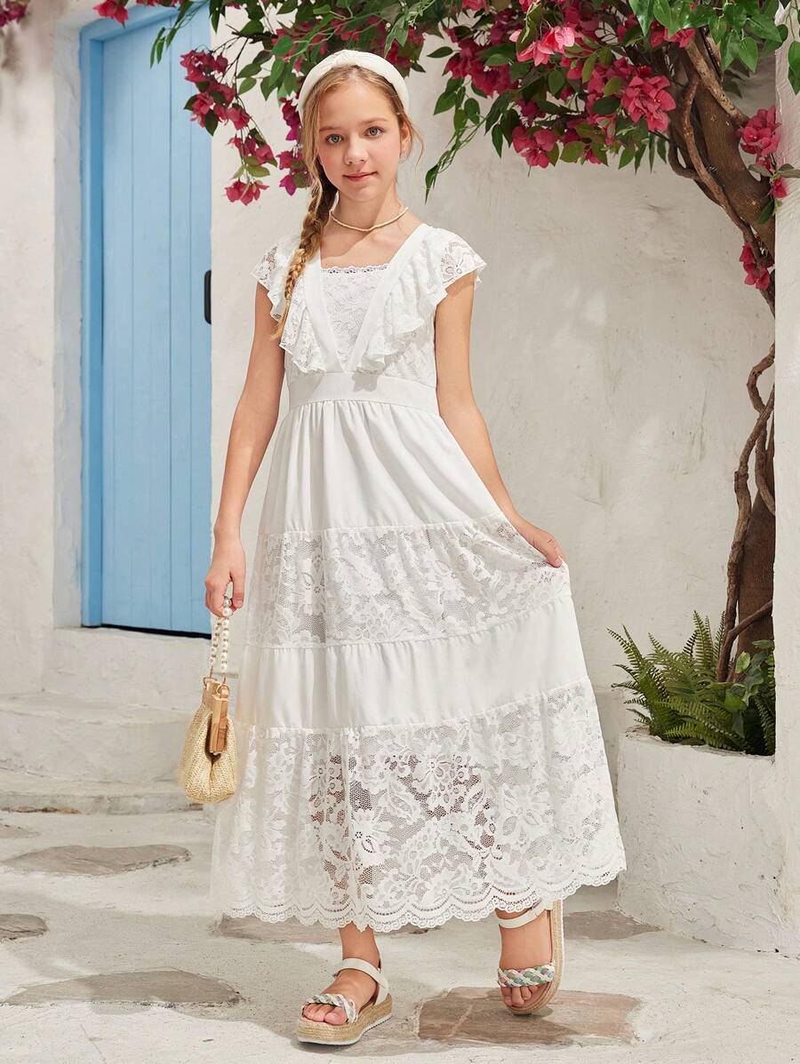 SHEIN Tween Girl's Lace Patchwork Ruffle Decorated Dress