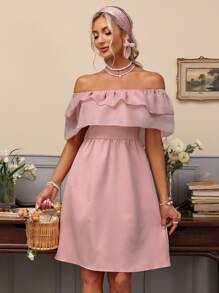 GENKIRA Vestido de mujer con hombros descubiertos, unicolor, con múltiples capas y ribete de volantes - Rosa coral - Ver 5
