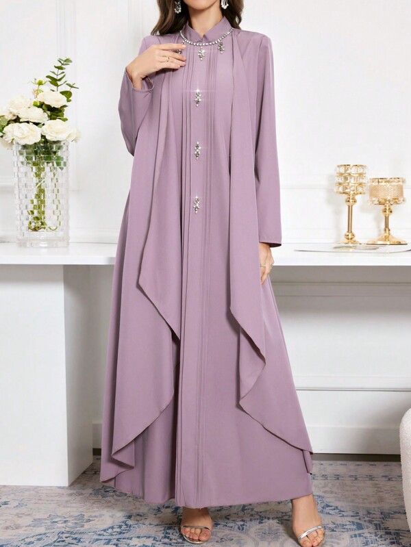 Al Najma Women's Stand Collar Pleated Long Sleeve Arabian Modest Dress