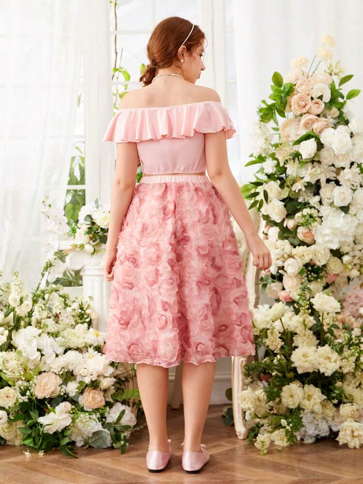 Teen Girl Solid Color Off Shoulder Ruffle Trim Top & 3d Flower Mesh A-Line Skirt Two Pieces Set