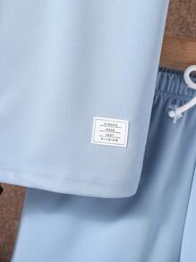 SHEIN Tween Boy Letter Patchwork Hooded Top And Shorts Set, School, Campus, College - Baby Blue - View 7