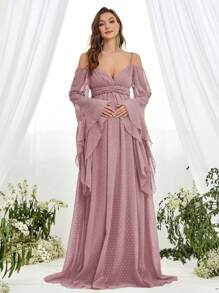 Faeriesty Dressalisa 孕妇瑞士圆点荷叶边袖褶饰雪纺舞会礼服 - 藕粉色 - 查看 4