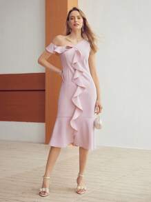 MOTF PREMIUM Women's Summer Solid Color Asymmetrical Collar Patchwork Ruffle Hem Fish Tail Long Dress - Pink - View 10