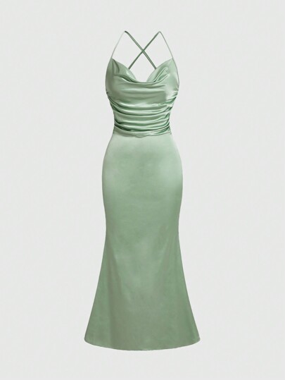 Fairycore Elegant Party Vacation Splendid Low-Cut Draped V-Neck Satin Mermaid Dress Bodycon Halterneck Dress