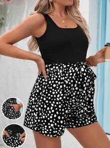 SHEIN Maternity Casual Sleeveless Tank Top And Polka Dot Pattern Elastic Waistband Shorts Set - Black - View 1