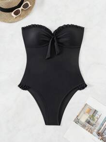 SHEIN Swim Đồ bơi một mảnh có nút thắt phía trước đi biển mùa hè dành cho nữ - màu đen - Xem 7