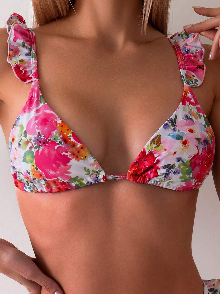 Women's Floral Print Ruffle Edge Bikini Set Summer Beach