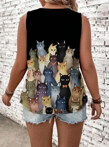EMERY ROSE Parte superior de tirantes negra sin mangas con estampado de gato, de talla grande, casual, para verano