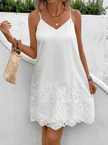 SHEIN Frenchy Vestido blanco de A-Line con lazo para el Día de la Madre y la Primavera, ideal para bodas de verano y maestras con textura de tela, correa trasera para lazo y tirantes de espagueti para las vacaciones de mujeres - Blanco - Ver 6