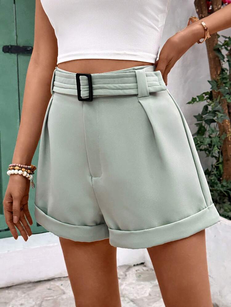 Solid Color Pleated Rolled Edge Wide Leg Casual Shorts Summer Green Christmas