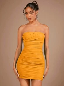 SHEIN BAE 女性純色鉛筆連衣裙,褶皺細節與無肩帶設計 - 橘色 - 查看 3