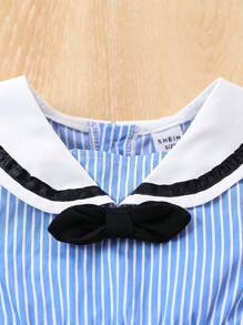 Conjunto De 2 Piezas Para Bebé Niñas, Camiseta De Tirantes Con Cintas A Rayas Encantadoras Y Pantalones De Color Sólido Con Dobladillo De Volantes Para El Verano - Azul - Ver 4